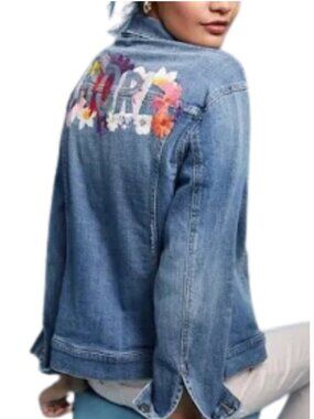 Anthropologie "AMORE" Jean Jacket Long Sleeved Distressed Denim Size Large